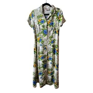 VTG Hilo Hattie Hawaiian Original Maxi Dress M Floral Button Front Boho